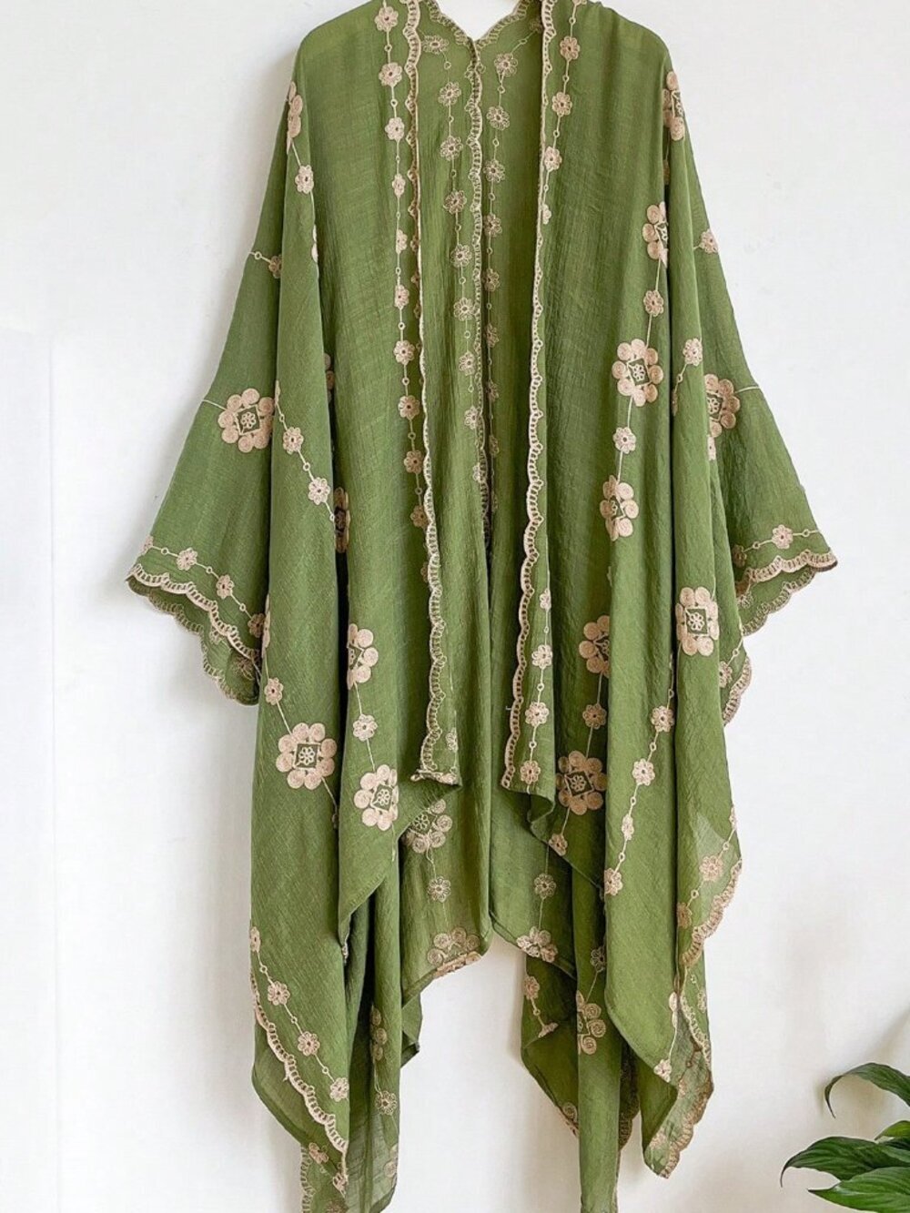 Green Elegant Bohemian Women's Floral Embroidered Kimono Sarong Cover-Up